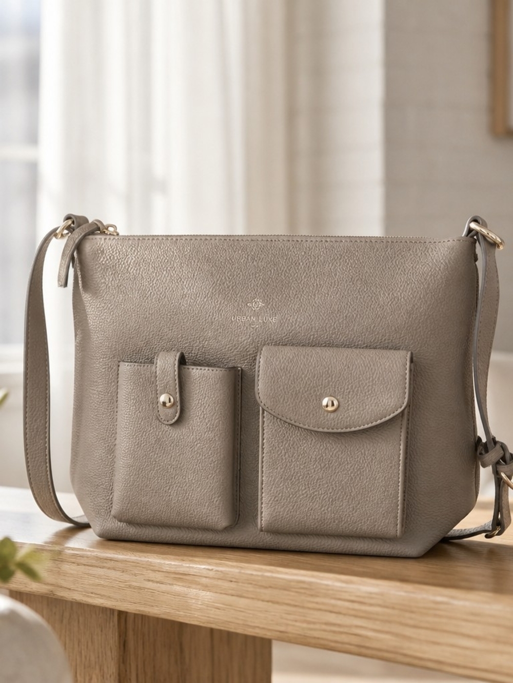 Nanette Lepore Taupe Pebbled Leather Crossbody with Front Pockets